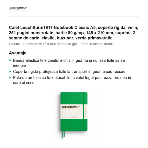 Caiet Leuchtturm1917 Notebook Classic A5, coperta rigida, velin, 251 pagini numerotate, hartie 80 g/mp, 145 x 210 mm, cuprins, 2 semne de carte, elastic, buzunar, verde primavaratic [1]