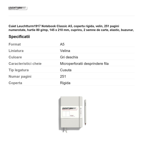Caiet Leuchtturm1917 Notebook Classic A5, coperta rigida, velin, 251 pagini numerotate, hartie 80 g/mp, 145 x 210 mm, cuprins, 2 semne de carte, elastic, buzunar, gri deschis [2]