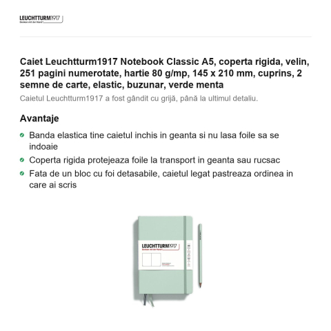 Caiet Leuchtturm1917 Notebook Classic A5, coperta rigida, velin, 251 pagini numerotate, hartie 80 g/mp, 145 x 210 mm, cuprins, 2 semne de carte, elastic, buzunar, verde menta [1]