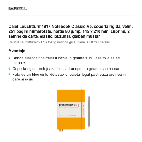 Caiet Leuchtturm1917 Notebook Classic A5, coperta rigida, velin, 251 pagini numerotate, hartie 80 g/mp, 145 x 210 mm, cuprins, 2 semne de carte, elastic, buzunar, galben mustar [1]