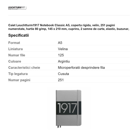Caiet Leuchtturm1917 Notebook Classic A5, coperta rigida, velin, 251 pagini numerotate, hartie 80 g/mp, 145 x 210 mm, cuprins, 2 semne de carte, elastic, buzunar, argintiu [2]