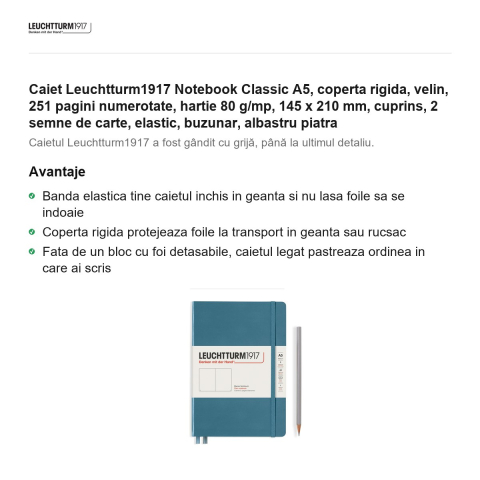 Caiet Leuchtturm1917 Notebook Classic A5, coperta rigida, velin, 251 pagini numerotate, hartie 80 g/mp, 145 x 210 mm, cuprins, 2 semne de carte, elastic, buzunar, albastru piatra [1]