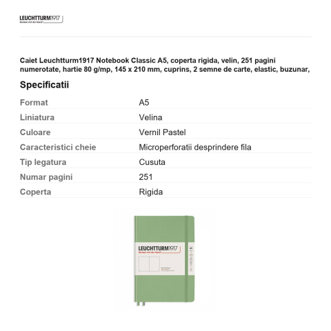 Caiet Leuchtturm1917 Notebook Classic A5, coperta rigida, velin, 251 pagini numerotate, hartie 80 g/mp, 145 x 210 mm, cuprins, 2 semne de carte, elastic, buzunar, vernil pastel [2]