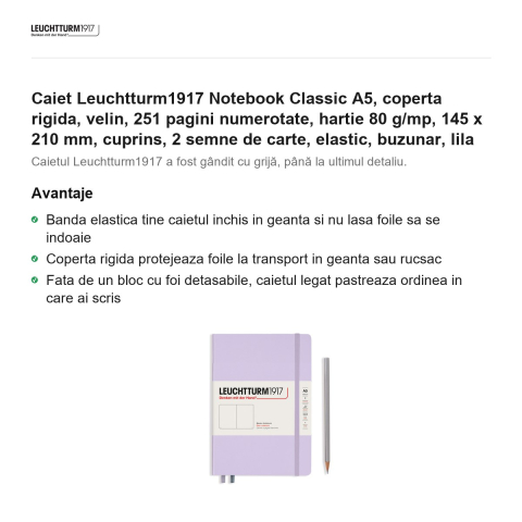 Caiet Leuchtturm1917 Notebook Classic A5, coperta rigida, velin, 251 pagini numerotate, hartie 80 g/mp, 145 x 210 mm, cuprins, 2 semne de carte, elastic, buzunar, lila [1]