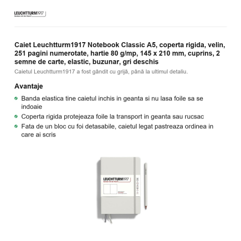 Caiet Leuchtturm1917 Notebook Classic A5, coperta rigida, velin, 251 pagini numerotate, hartie 80 g/mp, 145 x 210 mm, cuprins, 2 semne de carte, elastic, buzunar, gri deschis [1]