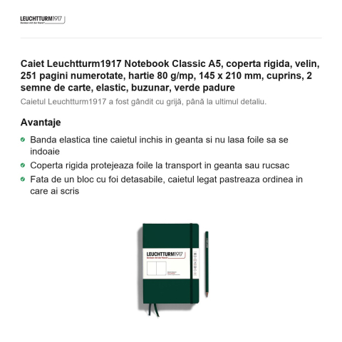 Caiet Leuchtturm1917 Notebook Classic A5, coperta rigida, velin, 251 pagini numerotate, hartie 80 g/mp, 145 x 210 mm, cuprins, 2 semne de carte, elastic, buzunar, verde padure [1]