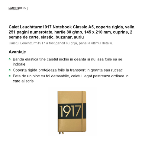 Caiet Leuchtturm1917 Notebook Classic A5, coperta rigida, velin, 251 pagini numerotate, hartie 80 g/mp, 145 x 210 mm, cuprins, 2 semne de carte, elastic, buzunar, auriu [1]