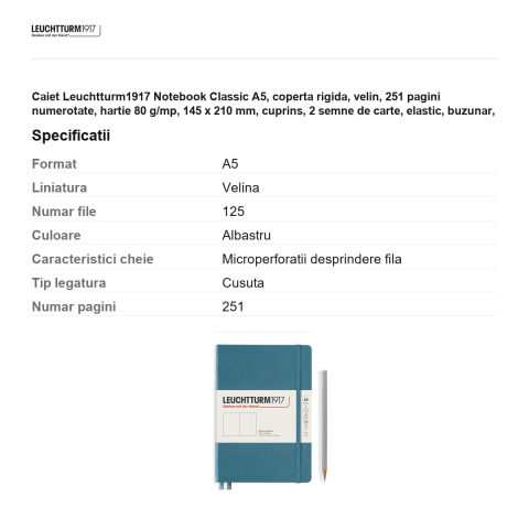 Caiet Leuchtturm1917 Notebook Classic A5, coperta rigida, velin, 251 pagini numerotate, hartie 80 g/mp, 145 x 210 mm, cuprins, 2 semne de carte, elastic, buzunar, albastru piatra [2]