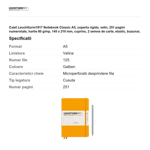 Caiet Leuchtturm1917 Notebook Classic A5, coperta rigida, velin, 251 pagini numerotate, hartie 80 g/mp, 145 x 210 mm, cuprins, 2 semne de carte, elastic, buzunar, galben mustar [2]