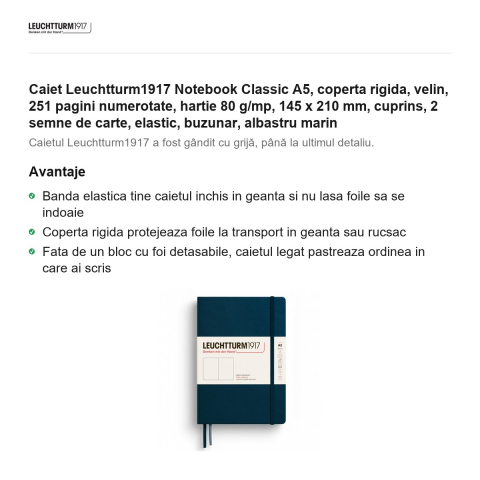 Caiet Leuchtturm1917 Notebook Classic A5, coperta rigida, velin, 251 pagini numerotate, hartie 80 g/mp, 145 x 210 mm, cuprins, 2 semne de carte, elastic, buzunar, albastru marin [1]