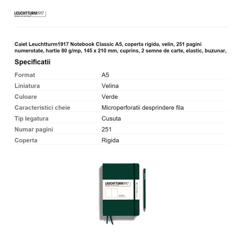 Caiet Leuchtturm1917 Notebook Classic A5, coperta rigida, velin, 251 pagini numerotate, hartie 80 g/mp, 145 x 210 mm, cuprins, 2 semne de carte, elastic, buzunar, verde padure [2]