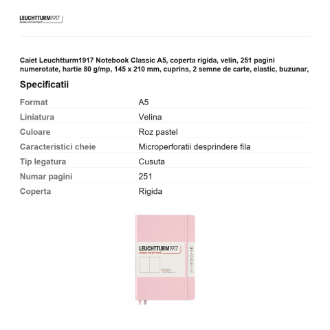 Caiet Leuchtturm1917 Notebook Classic A5, coperta rigida, velin, 251 pagini numerotate, hartie 80 g/mp, 145 x 210 mm, cuprins, 2 semne de carte, elastic, buzunar, roz pastel [2]