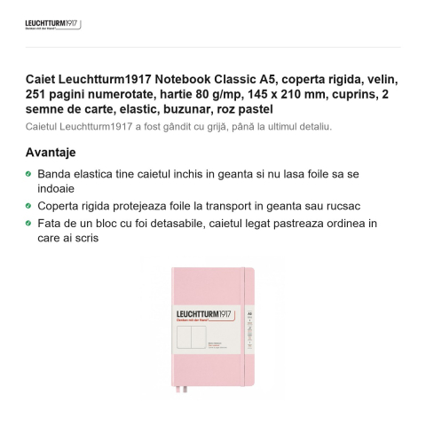 Caiet Leuchtturm1917 Notebook Classic A5, coperta rigida, velin, 251 pagini numerotate, hartie 80 g/mp, 145 x 210 mm, cuprins, 2 semne de carte, elastic, buzunar, roz pastel [1]