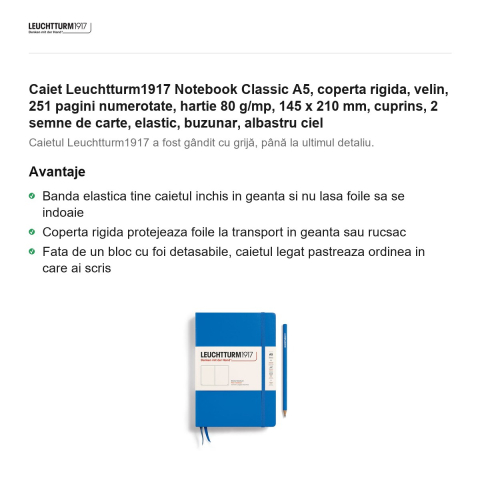 Caiet Leuchtturm1917 Notebook Classic A5, coperta rigida, velin, 251 pagini numerotate, hartie 80 g/mp, 145 x 210 mm, cuprins, 2 semne de carte, elastic, buzunar, albastru ciel [1]