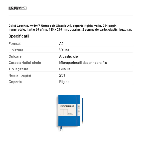 Caiet Leuchtturm1917 Notebook Classic A5, coperta rigida, velin, 251 pagini numerotate, hartie 80 g/mp, 145 x 210 mm, cuprins, 2 semne de carte, elastic, buzunar, albastru ciel [2]