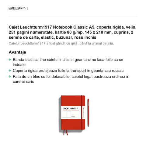 Caiet Leuchtturm1917 Notebook Classic A5, coperta rigida, velin, 251 pagini numerotate, hartie 80 g/mp, 145 x 210 mm, cuprins, 2 semne de carte, elastic, buzunar, rosu inchis [1]
