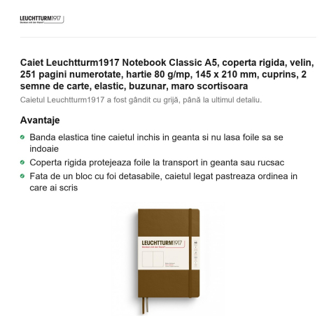 Caiet Leuchtturm1917 Notebook Classic A5, coperta rigida, velin, 251 pagini numerotate, hartie 80 g/mp, 145 x 210 mm, cuprins, 2 semne de carte, elastic, buzunar, maro scortisoara [1]