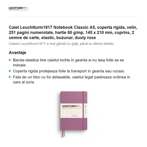 Caiet Leuchtturm1917 Notebook Classic A5, coperta rigida, velin, 251 pagini numerotate, hartie 80 g/mp, 145 x 210 mm, cuprins, 2 semne de carte, elastic, buzunar, dusty rose [1]