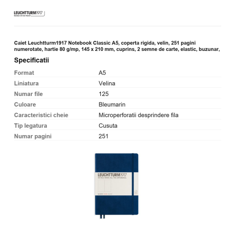 Caiet Leuchtturm1917 Notebook Classic A5, coperta rigida, velin, 251 pagini numerotate, hartie 80 g/mp, 145 x 210 mm, cuprins, 2 semne de carte, elastic, buzunar, albastru navy [2]