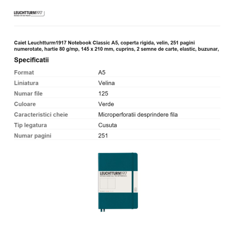 Caiet Leuchtturm1917 Notebook Classic A5, coperta rigida, velin, 251 pagini numerotate, hartie 80 g/mp, 145 x 210 mm, cuprins, 2 semne de carte, elastic, buzunar, verde pacific [2]