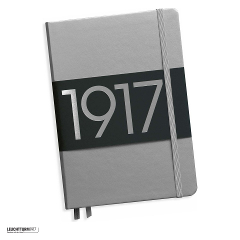 Birotica papetarie - Caiet Leuchtturm1917 Notebook Classic A5, coperta rigida, velin, 251 pagini numerotate, hartie 80 g/mp, 145 x 210 mm, cuprins, 2 semne de carte, elastic, buzunar, argintiu