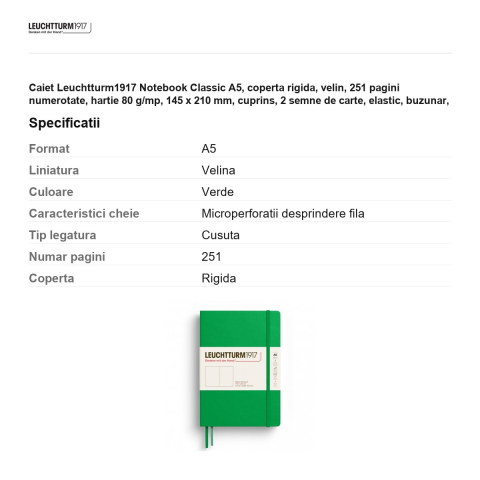 Caiet Leuchtturm1917 Notebook Classic A5, coperta rigida, velin, 251 pagini numerotate, hartie 80 g/mp, 145 x 210 mm, cuprins, 2 semne de carte, elastic, buzunar, verde primavaratic [2]