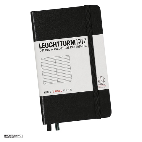 Birotica papetarie - Caiet Leuchtturm1917 Notebook Classic A6, coperta rigida, dictando, 187 pagini numerotate, hartie 80 g/mp, 90 x 150 mm, cuprins, 2 semne de carte, elastic, buzunar, negru