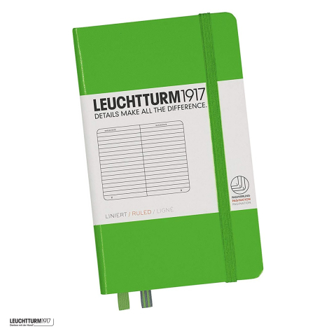 Birotica papetarie - Caiet Leuchtturm1917 Notebook Classic A6, coperta rigida, dictando, 187 pagini numerotate, hartie 80 g/mp, 90 x 150 mm, cuprins, 2 semne de carte, elastic, buzunar, vernil