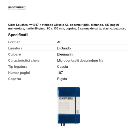 Caiet Leuchtturm1917 Notebook Classic A6, coperta rigida, dictando, 187 pagini numerotate, hartie 80 g/mp, 90 x 150 mm, cuprins, 2 semne de carte, elastic, buzunar, albastru navy [2]