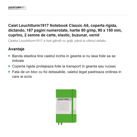 Caiet Leuchtturm1917 Notebook Classic A6, coperta rigida, dictando, 187 pagini numerotate, hartie 80 g/mp, 90 x 150 mm, cuprins, 2 semne de carte, elastic, buzunar, vernil [1]