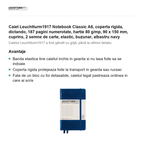 Caiet Leuchtturm1917 Notebook Classic A6, coperta rigida, dictando, 187 pagini numerotate, hartie 80 g/mp, 90 x 150 mm, cuprins, 2 semne de carte, elastic, buzunar, albastru navy [1]
