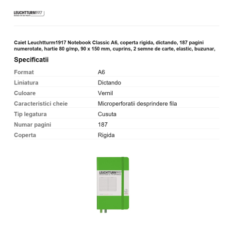 Caiet Leuchtturm1917 Notebook Classic A6, coperta rigida, dictando, 187 pagini numerotate, hartie 80 g/mp, 90 x 150 mm, cuprins, 2 semne de carte, elastic, buzunar, vernil [2]