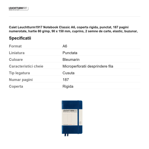 Caiet Leuchtturm1917 Notebook Classic A6, coperta rigida, punctat, 187 pagini numerotate, hartie 80 g/mp, 90 x 150 mm, cuprins, 2 semne de carte, elastic, buzunar, albastru navy [2]