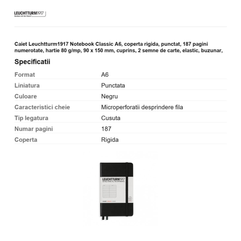 Caiet Leuchtturm1917 Notebook Classic A6, coperta rigida, punctat, 187 pagini numerotate, hartie 80 g/mp, 90 x 150 mm, cuprins, 2 semne de carte, elastic, buzunar, negru [2]