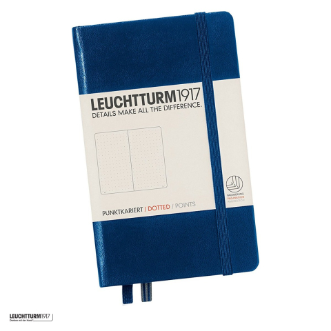 Birotica papetarie - Caiet Leuchtturm1917 Notebook Classic A6, coperta rigida, punctat, 187 pagini numerotate, hartie 80 g/mp, 90 x 150 mm, cuprins, 2 semne de carte, elastic, buzunar, albastru navy