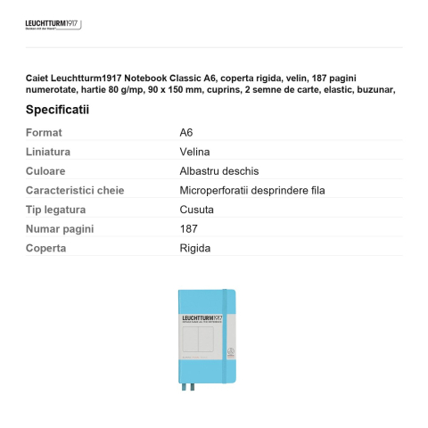 Caiet Leuchtturm1917 Notebook Classic A6, coperta rigida, velin, 187 pagini numerotate, hartie 80 g/mp, 90 x 150 mm, cuprins, 2 semne de carte, elastic, buzunar, bleu [2]