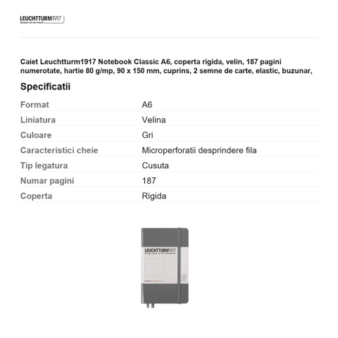 Caiet Leuchtturm1917 Notebook Classic A6, coperta rigida, velin, 187 pagini numerotate, hartie 80 g/mp, 90 x 150 mm, cuprins, 2 semne de carte, elastic, buzunar, antracit [2]