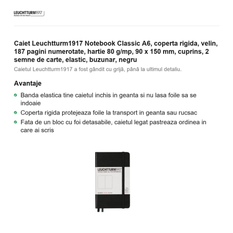 Caiet Leuchtturm1917 Notebook Classic A6, coperta rigida, velin, 187 pagini numerotate, hartie 80 g/mp, 90 x 150 mm, cuprins, 2 semne de carte, elastic, buzunar, negru [1]