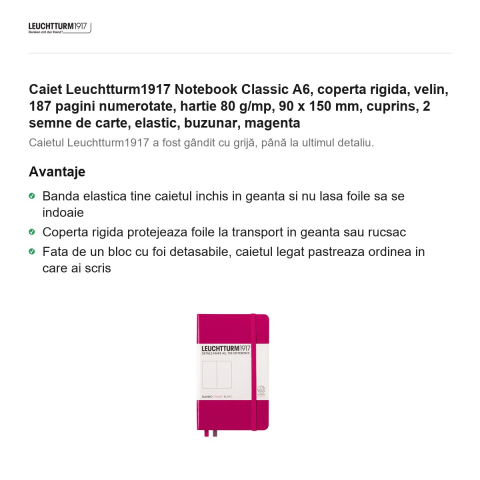 Caiet Leuchtturm1917 Notebook Classic A6, coperta rigida, velin, 187 pagini numerotate, hartie 80 g/mp, 90 x 150 mm, cuprins, 2 semne de carte, elastic, buzunar, magenta [1]