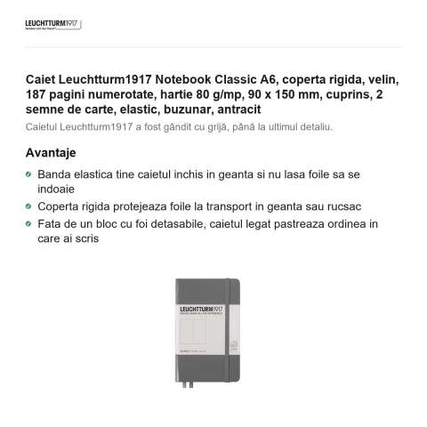 Caiet Leuchtturm1917 Notebook Classic A6, coperta rigida, velin, 187 pagini numerotate, hartie 80 g/mp, 90 x 150 mm, cuprins, 2 semne de carte, elastic, buzunar, antracit [1]