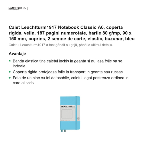 Caiet Leuchtturm1917 Notebook Classic A6, coperta rigida, velin, 187 pagini numerotate, hartie 80 g/mp, 90 x 150 mm, cuprins, 2 semne de carte, elastic, buzunar, bleu [1]