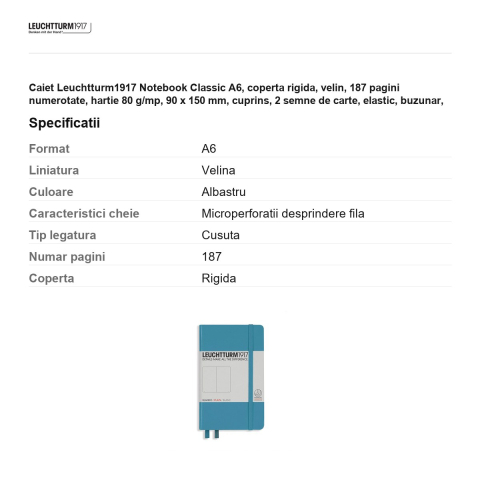 Caiet Leuchtturm1917 Notebook Classic A6, coperta rigida, velin, 187 pagini numerotate, hartie 80 g/mp, 90 x 150 mm, cuprins, 2 semne de carte, elastic, buzunar, albastru nordic [2]
