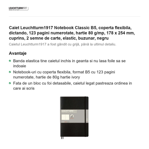 Caiet Leuchtturm1917 Notebook Classic B5, coperta flexibila, dictando, 123 pagini numerotate, hartie 80 g/mp, 178 x 254 mm, cuprins, 2 semne de carte, elastic, buzunar, negru [1]