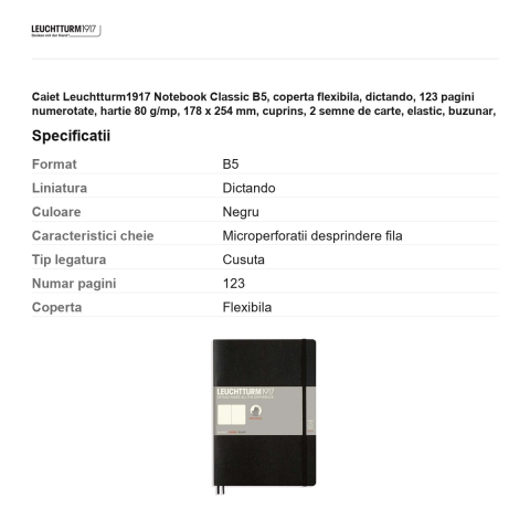 Caiet Leuchtturm1917 Notebook Classic B5, coperta flexibila, dictando, 123 pagini numerotate, hartie 80 g/mp, 178 x 254 mm, cuprins, 2 semne de carte, elastic, buzunar, negru [2]