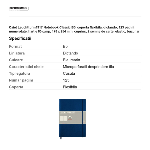 Caiet Leuchtturm1917 Notebook Classic B5, coperta flexibila, dictando, 123 pagini numerotate, hartie 80 g/mp, 178 x 254 mm, cuprins, 2 semne de carte, elastic, buzunar, albastru navy [2]