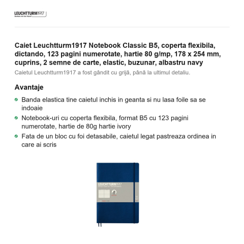 Caiet Leuchtturm1917 Notebook Classic B5, coperta flexibila, dictando, 123 pagini numerotate, hartie 80 g/mp, 178 x 254 mm, cuprins, 2 semne de carte, elastic, buzunar, albastru navy [1]
