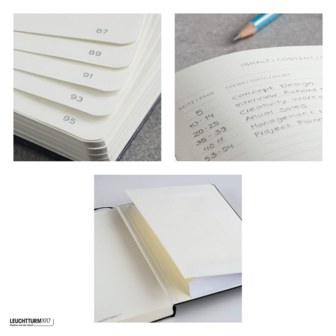 Caiet Leuchtturm1917 Notebook Classic B5, coperta flexibila, velin, 123 pagini numerotate, hartie 80 g/mp, 178 x 254 mm, cuprins, 2 semne de carte, elastic, buzunar, albastru piatra [3]