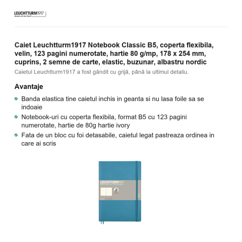 Caiet Leuchtturm1917 Notebook Classic B5, coperta flexibila, velin, 123 pagini numerotate, hartie 80 g/mp, 178 x 254 mm, cuprins, 2 semne de carte, elastic, buzunar, albastru nordic [1]