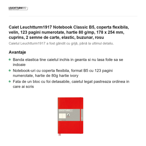 Caiet Leuchtturm1917 Notebook Classic B5, coperta flexibila, velin, 123 pagini numerotate, hartie 80 g/mp, 178 x 254 mm, cuprins, 2 semne de carte, elastic, buzunar, rosu [1]