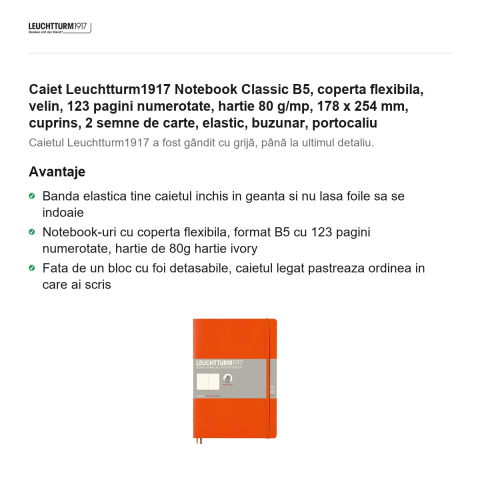 Caiet Leuchtturm1917 Notebook Classic B5, coperta flexibila, velin, 123 pagini numerotate, hartie 80 g/mp, 178 x 254 mm, cuprins, 2 semne de carte, elastic, buzunar, portocaliu [1]